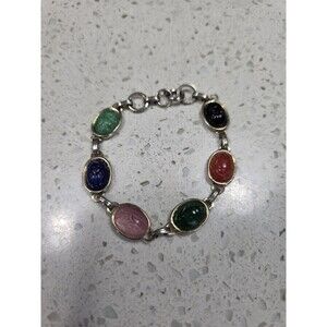 Vintage Multicolor Carved Scarab Beetle Gold/Silver tone Bracelet Egyptian 7in.